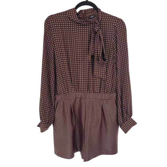 Express Medium Printed Faux leather tie neck long sleeve romper dark academia - Picture 1 of 13